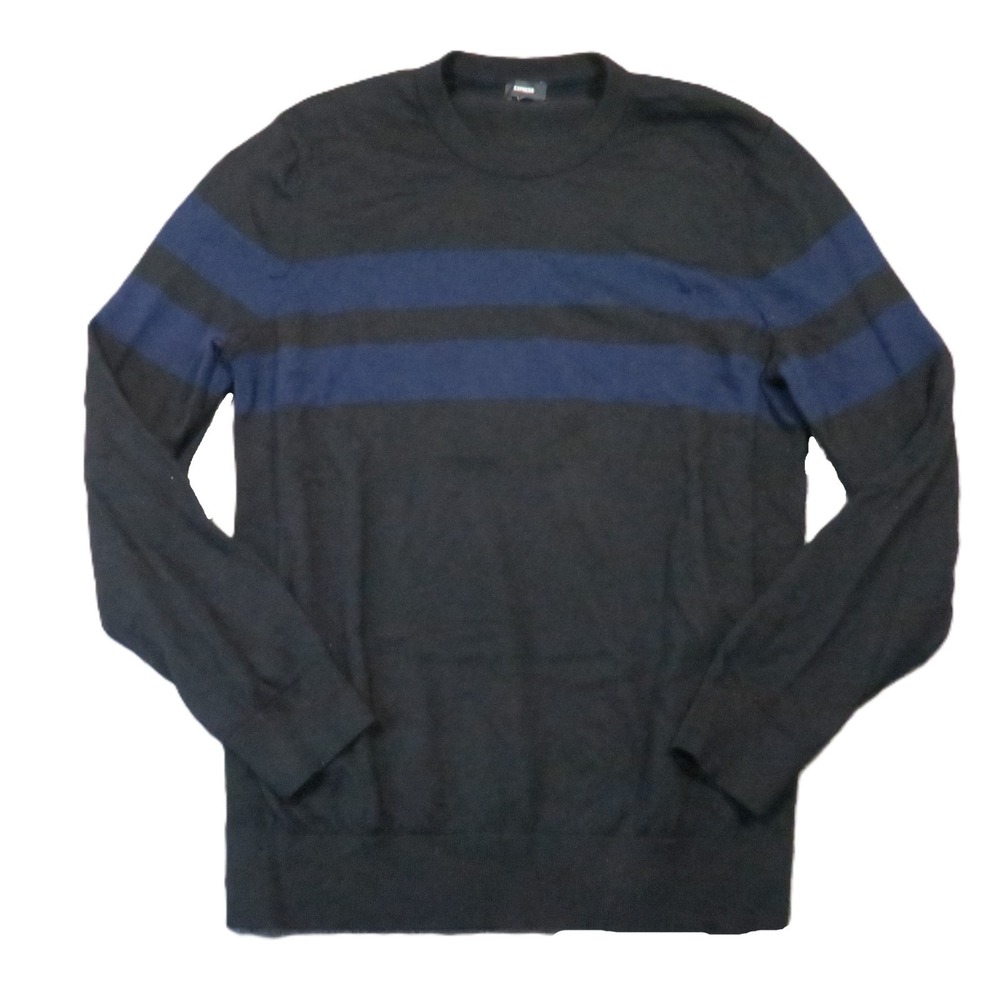 Express Merino Wool Striped Sweater L Black Blue Crewneck Dark Academia Preppy